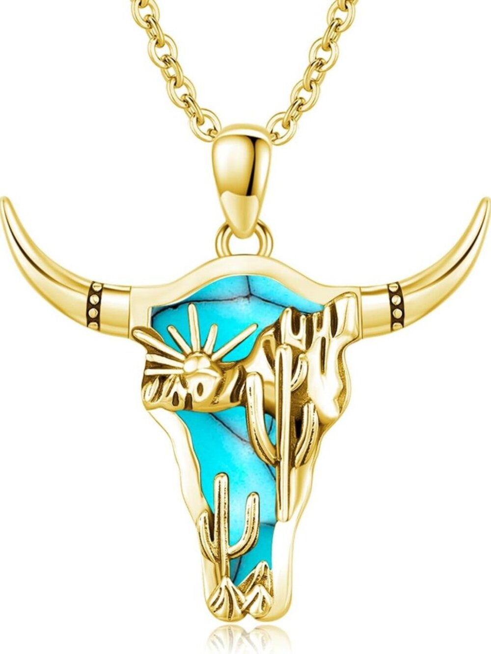 Western Turquoise Pendant Necklace 925 Sterling Silver Cow Skull Hat Cactus Boot